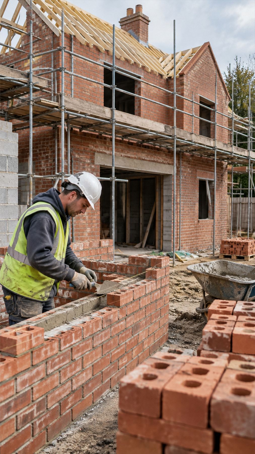 Bricklayer building a cavity wall in front of a scaffolded house extension