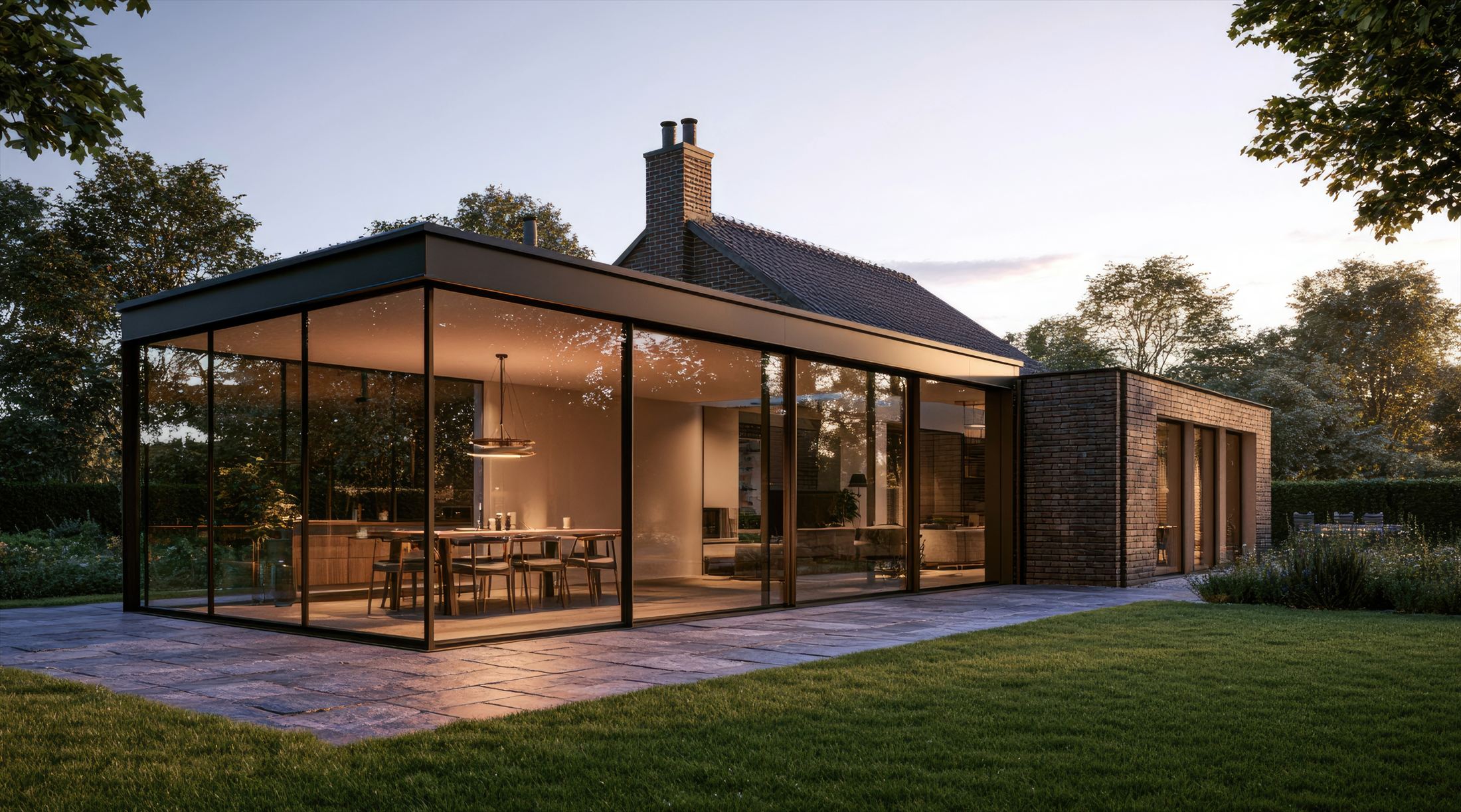 Modern glass-fronted brick house extension glowing at dusk, with a dining space visible inside