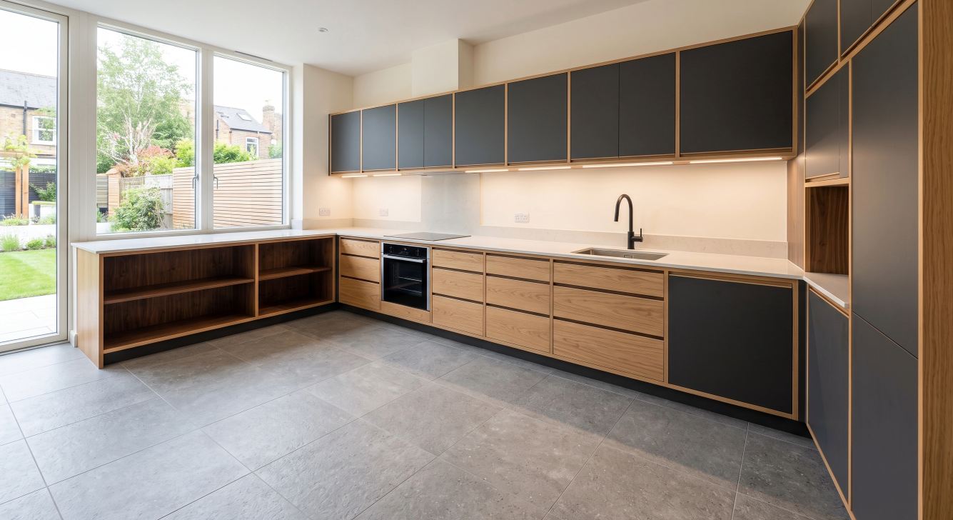 Modern extension kitchen with dark cabinets, oak details and large windows onto the garden