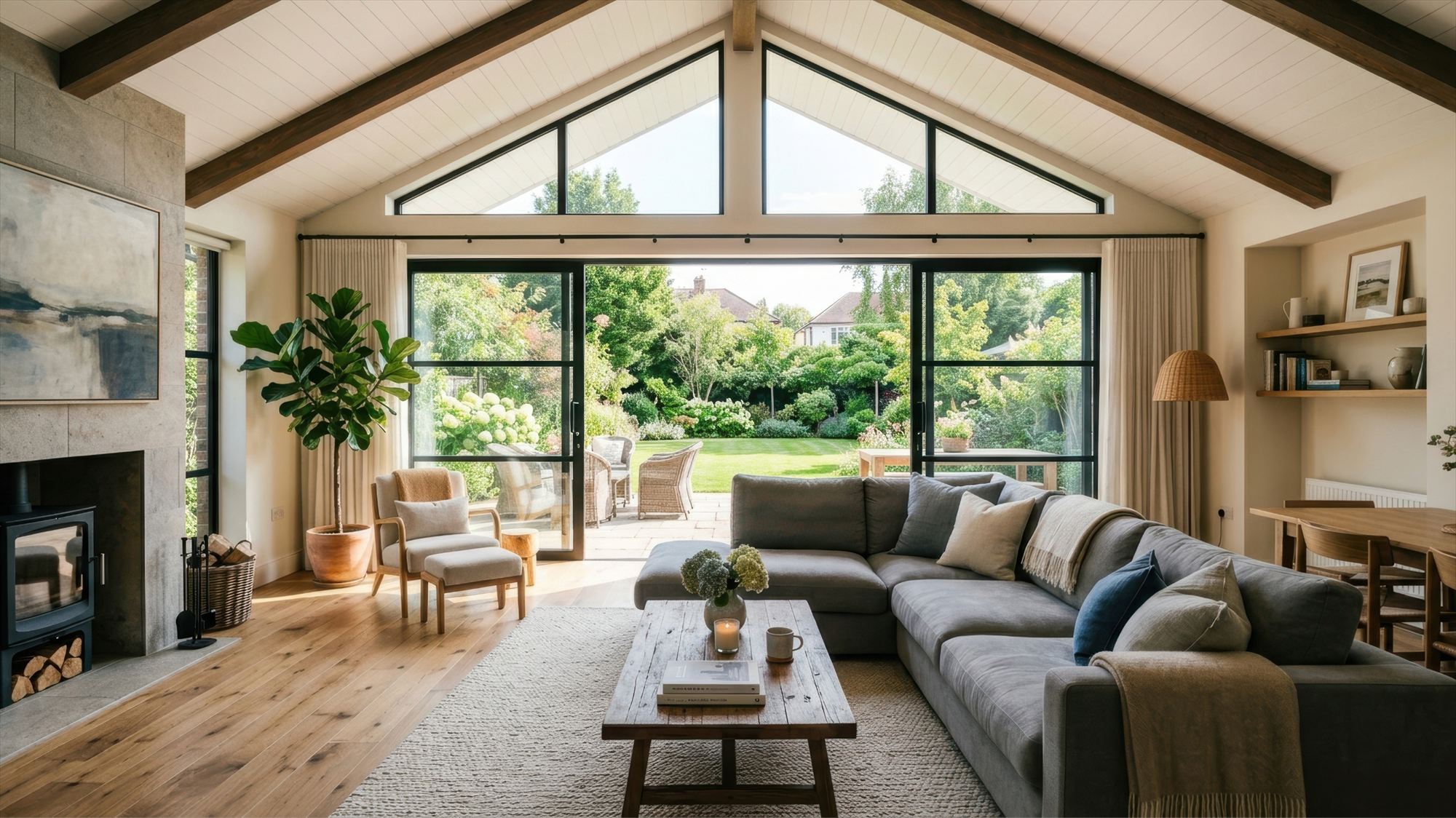 Open-plan extension living room with a vaulted ceiling and glazed doors onto the garden